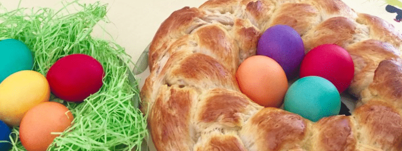 Easter yeast braid decorated with eggs.