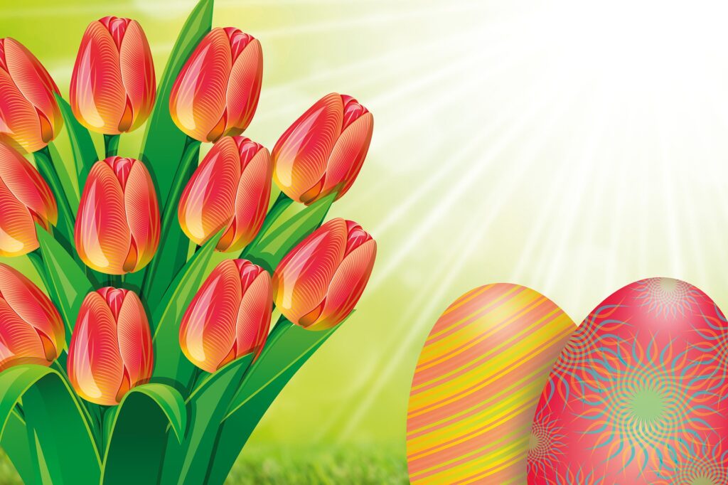 Kreslený obrázek tulipánů a vajíček.