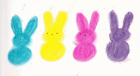 GIF obrázek s barevnými zajíčky.