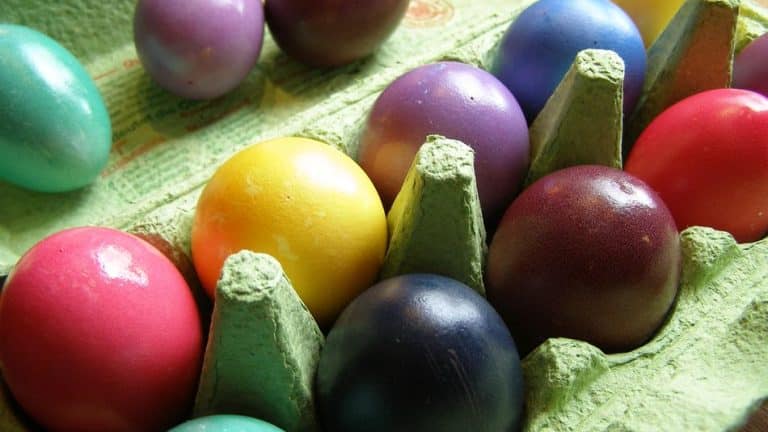 Pohled na barevná vajíčka v papírovém obalu na vejce