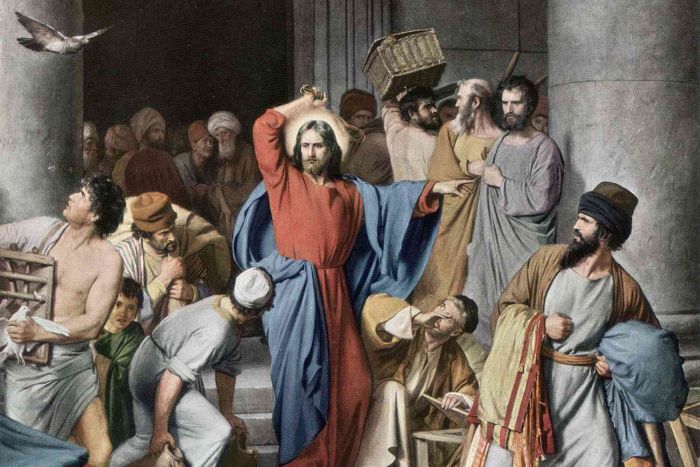 Ježíš vyhání obchodníky z chrámu.